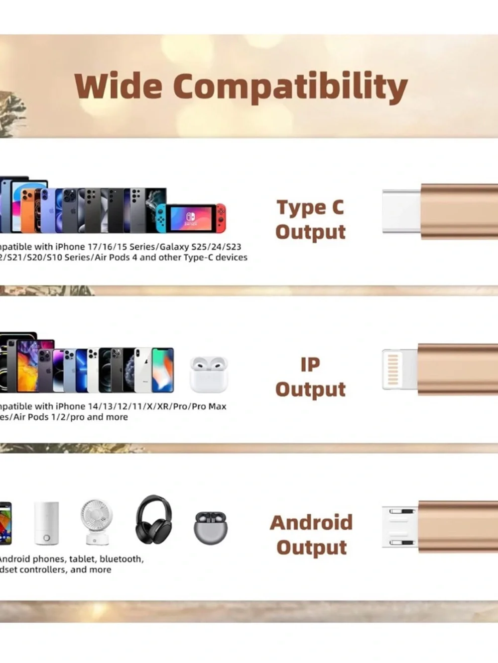 2 pack of 3-in-1 Gold Braided Charging Cable (4FT) - Multi-Device Fast Charge